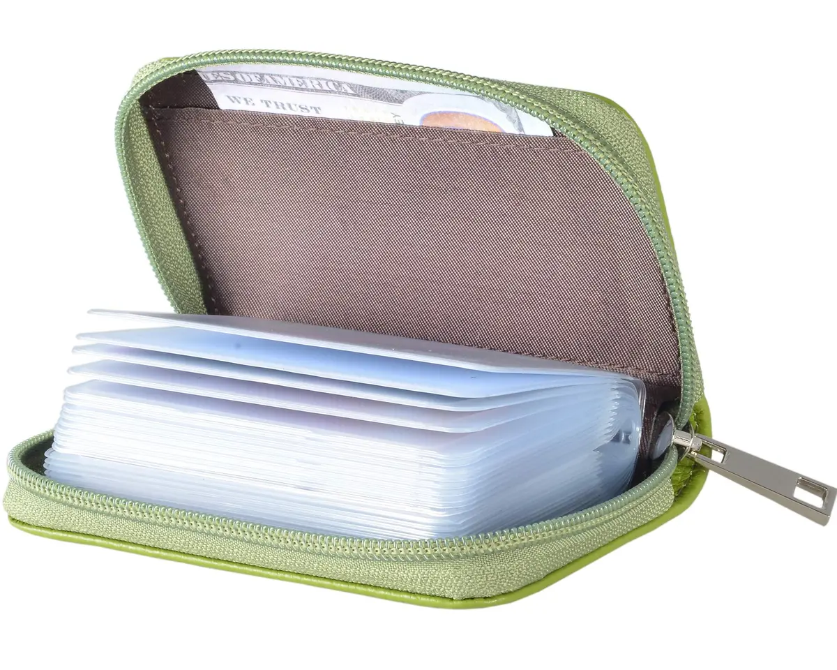 Easyoulife Genuine Leather Credit Card Holder Zipper Wallet With 26 Card Slots (Green) | RFID Blocking Slim Wallet for Women - main product image