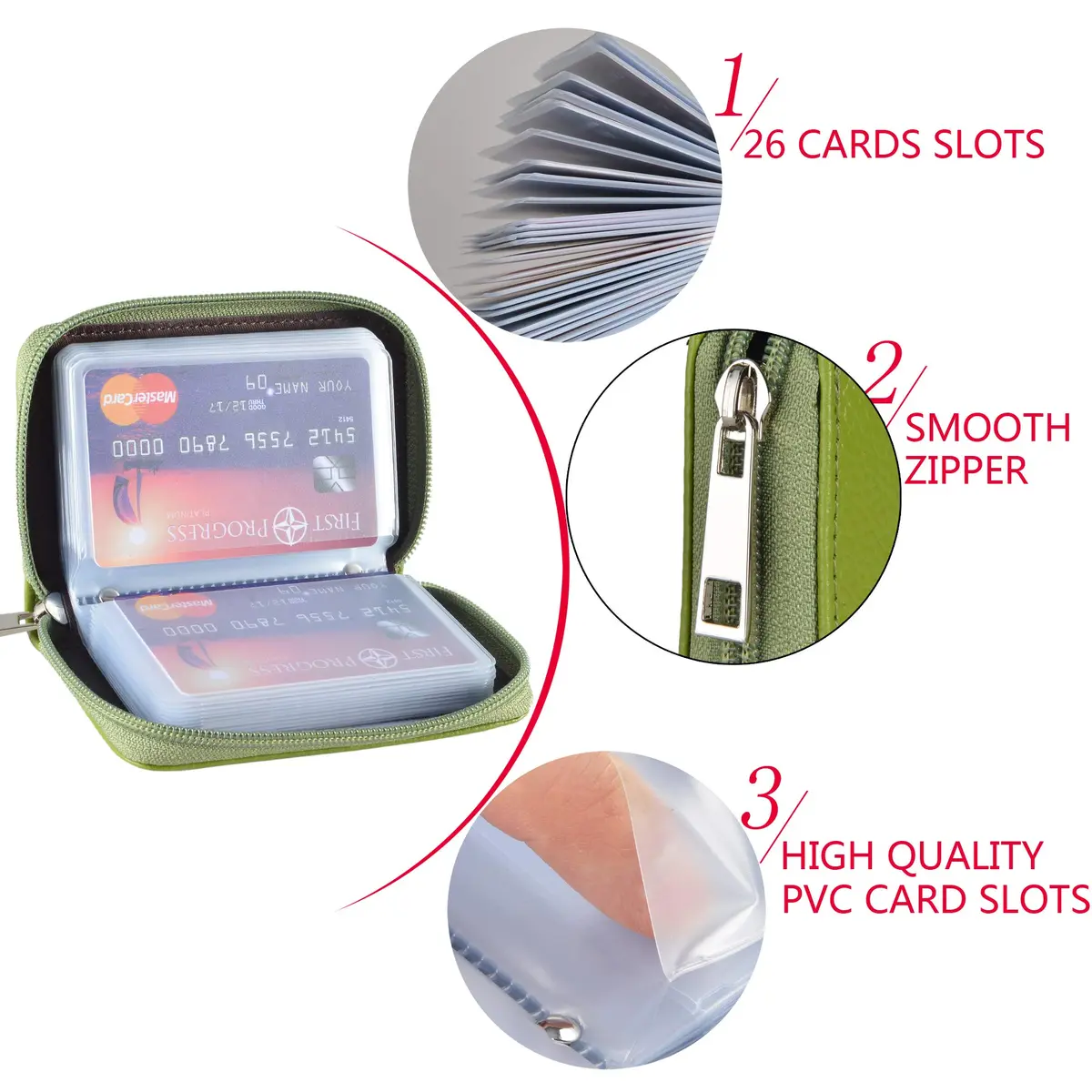 Easyoulife Genuine Leather Credit Card Holder Zipper Wallet With 26 Card Slots (Green) | RFID Blocking Slim Wallet for Women - view 6