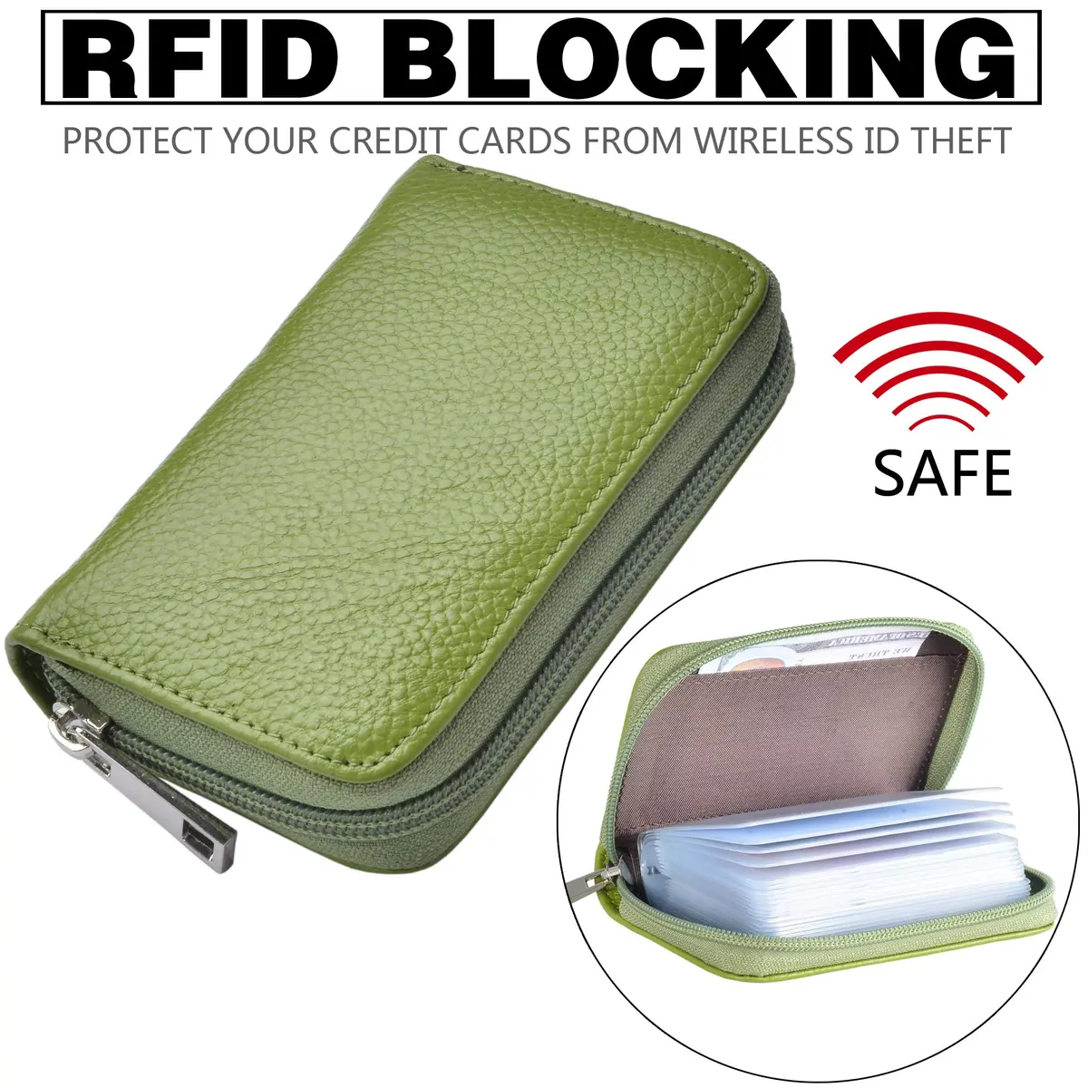Easyoulife Genuine Leather Credit Card Holder Zipper Wallet With 26 Card Slots (Green) | RFID Blocking Slim Wallet for Women - view 4
