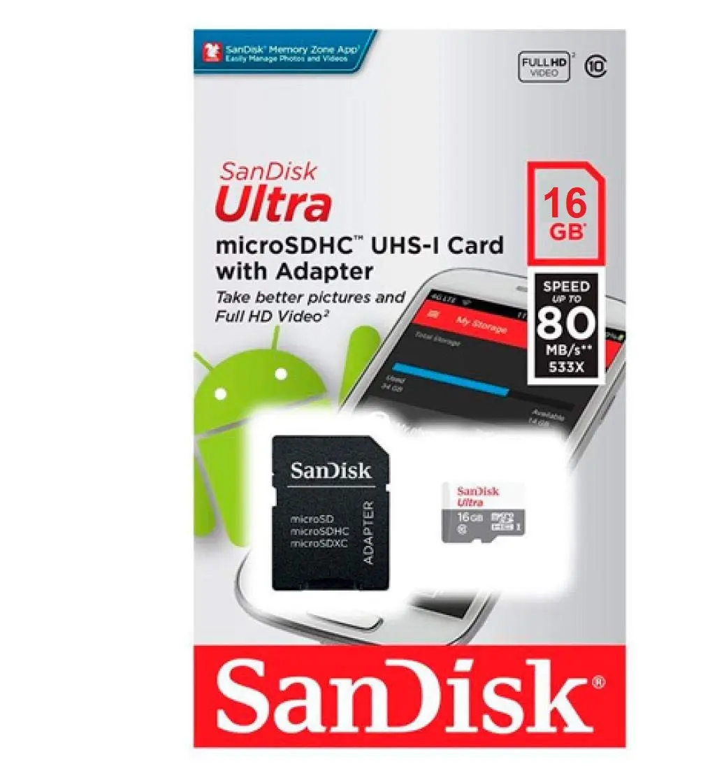 SanDisk Ultra microSDHC 16GB 80MB/s Class 10 UHS-I with Adapter - main product image