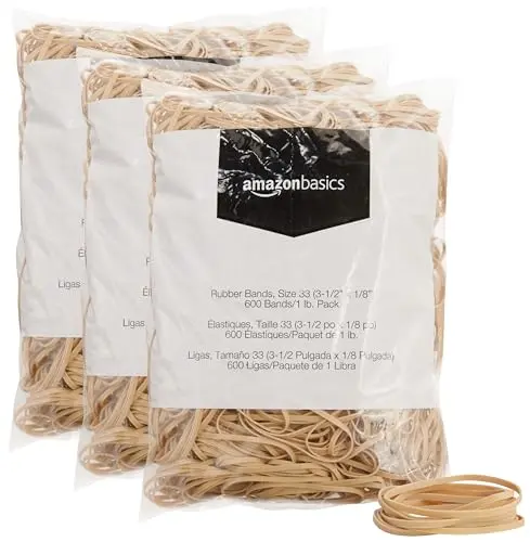 Amazon Basics Rubber Bands Size 33 (3.5 x 0.125 Inch) 1800 Bands | Natural Rubber, Tan, 3-Pack - main product image