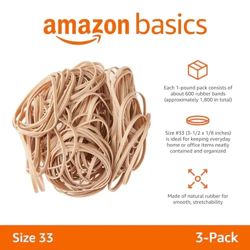 Amazon Basics Rubber Bands Size 33 (3.5 x 0.125 Inch) 1800 Bands | Natural Rubber, Tan, 3-Pack - view 2