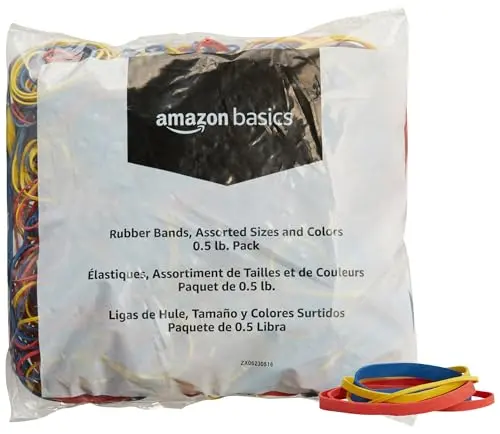 Amazon Basics Assorted Size and Color Rubber Bands | 0.23 kg (0.5 lb) Variety Pack - main product image