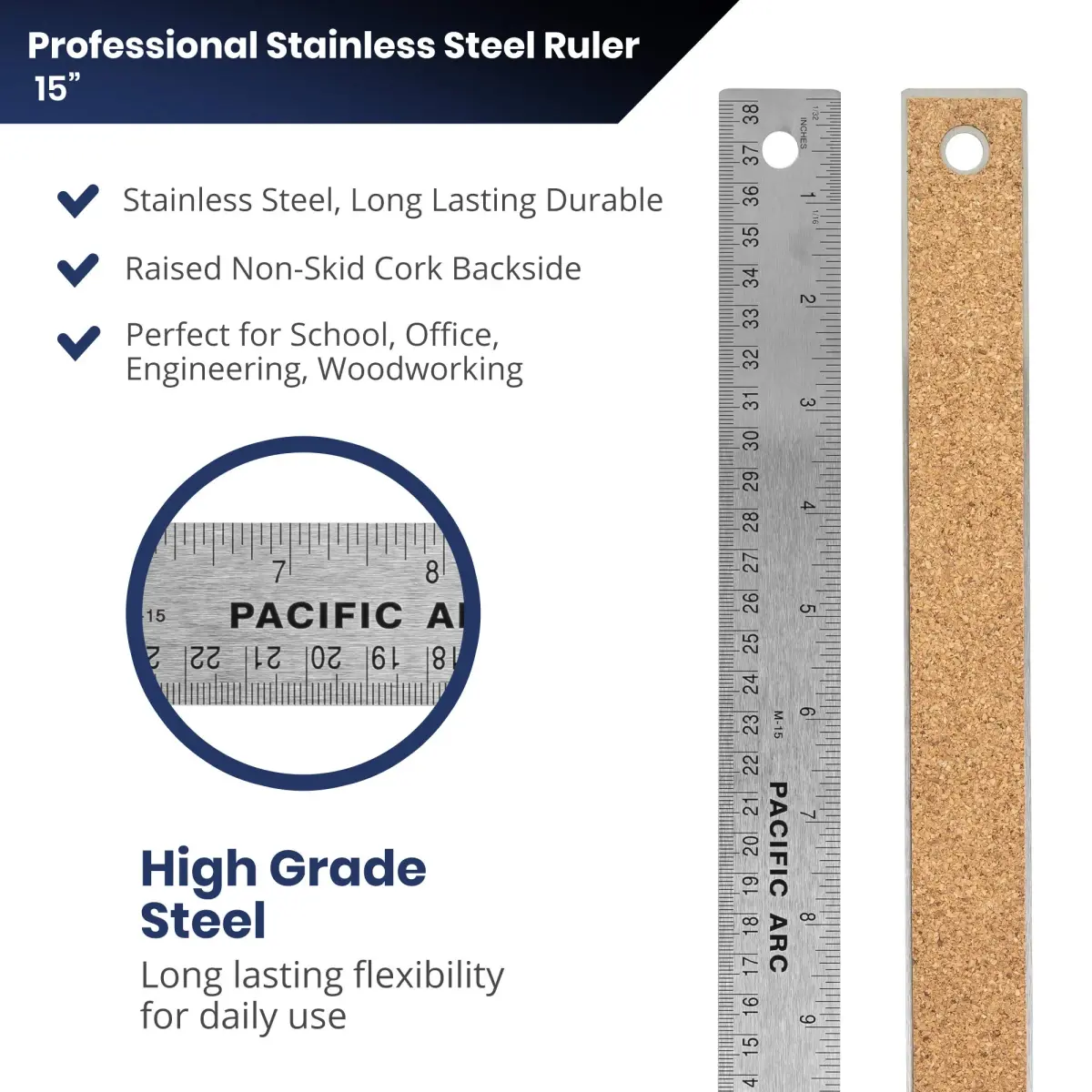 Pacific Arc Stainless Steel 15 Inch Metal Ruler with Cork Back | Precise Inch & Metric Graduations - view 2