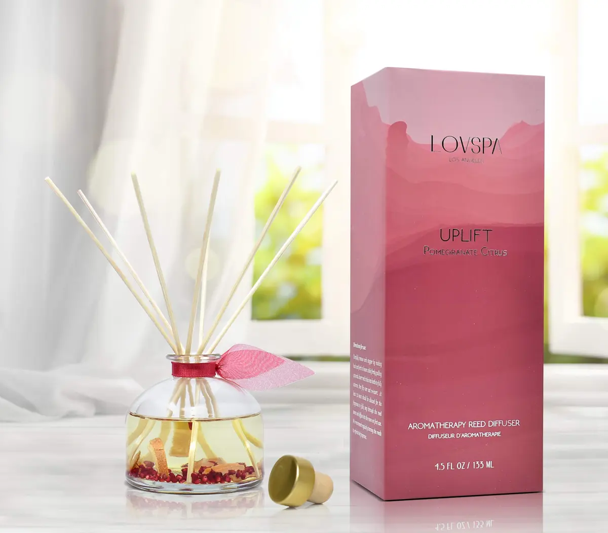 LOVSPA Reed Diffuser Set, Uplift Pomegranate Citrus Scented Oil Diffuser with Sticks, Home Fragrance Accessories for Bathroom Shelf Decor, USA Made - view 6