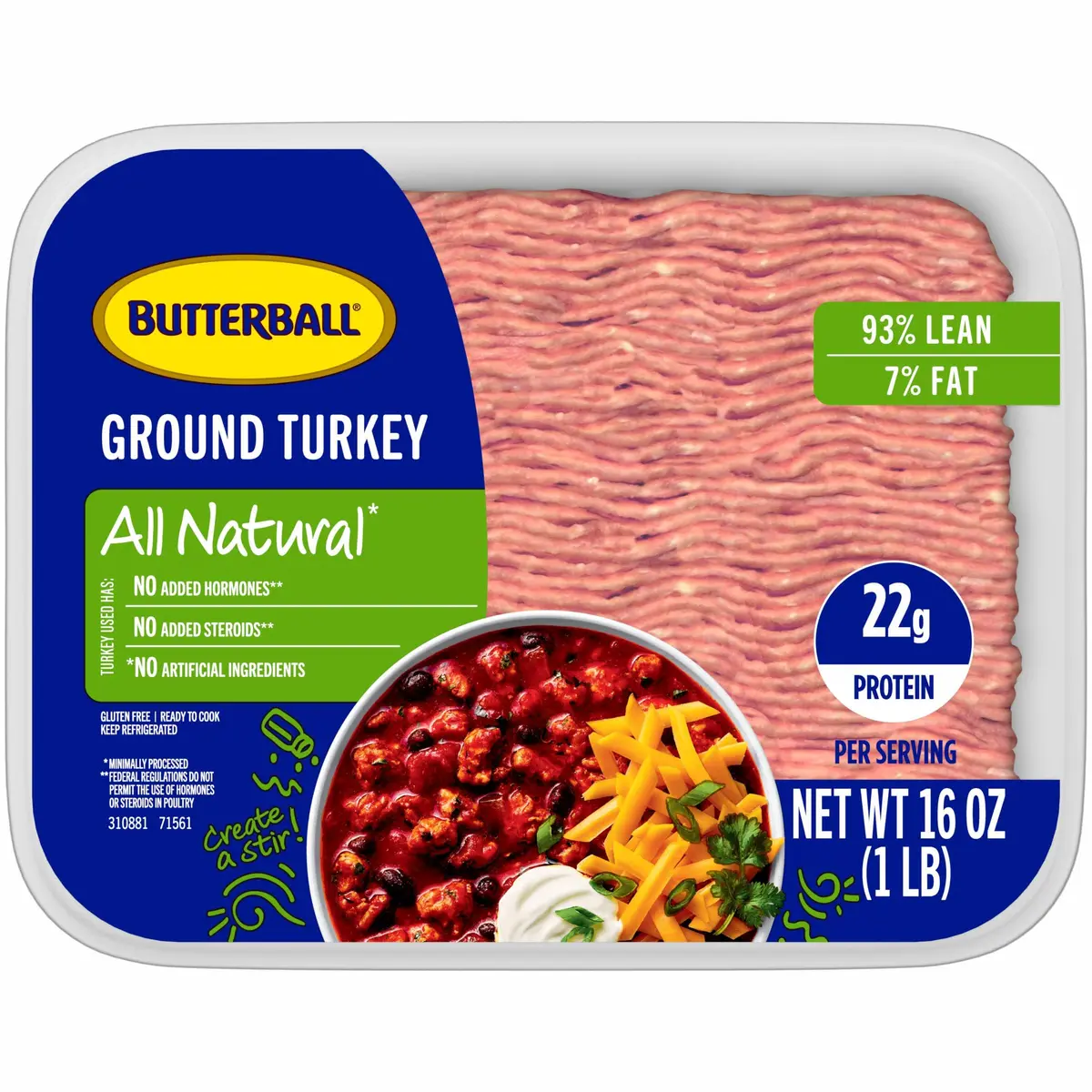 Butterball Fresh All Natural 93%/7% Lean Ground Turkey 1 lb | Gluten-Free, Hormone-Free, Humane Certified - main product image