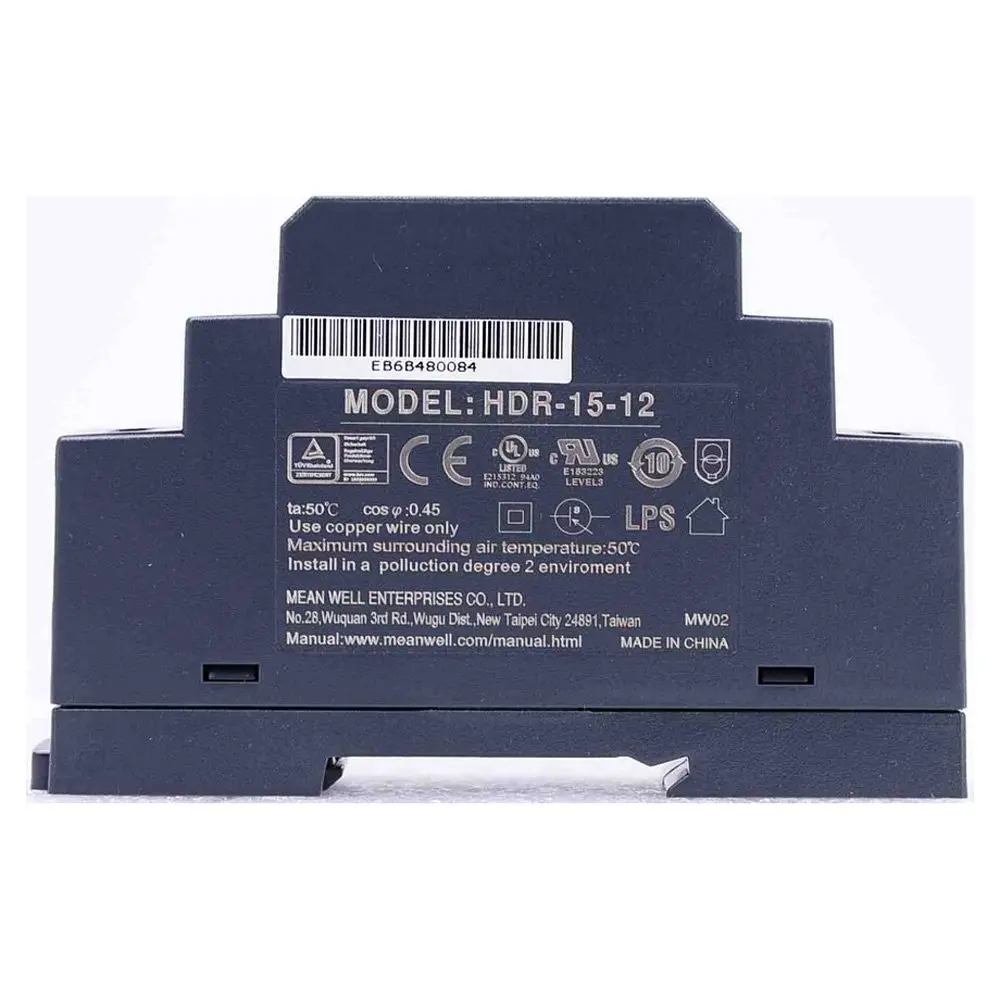 MEAN WELL Ultra Slim Step-Shape 1SU DIN Rail Power Supply 12V 1.25A 15W | China-Made, 85-264VAC Input - main product image