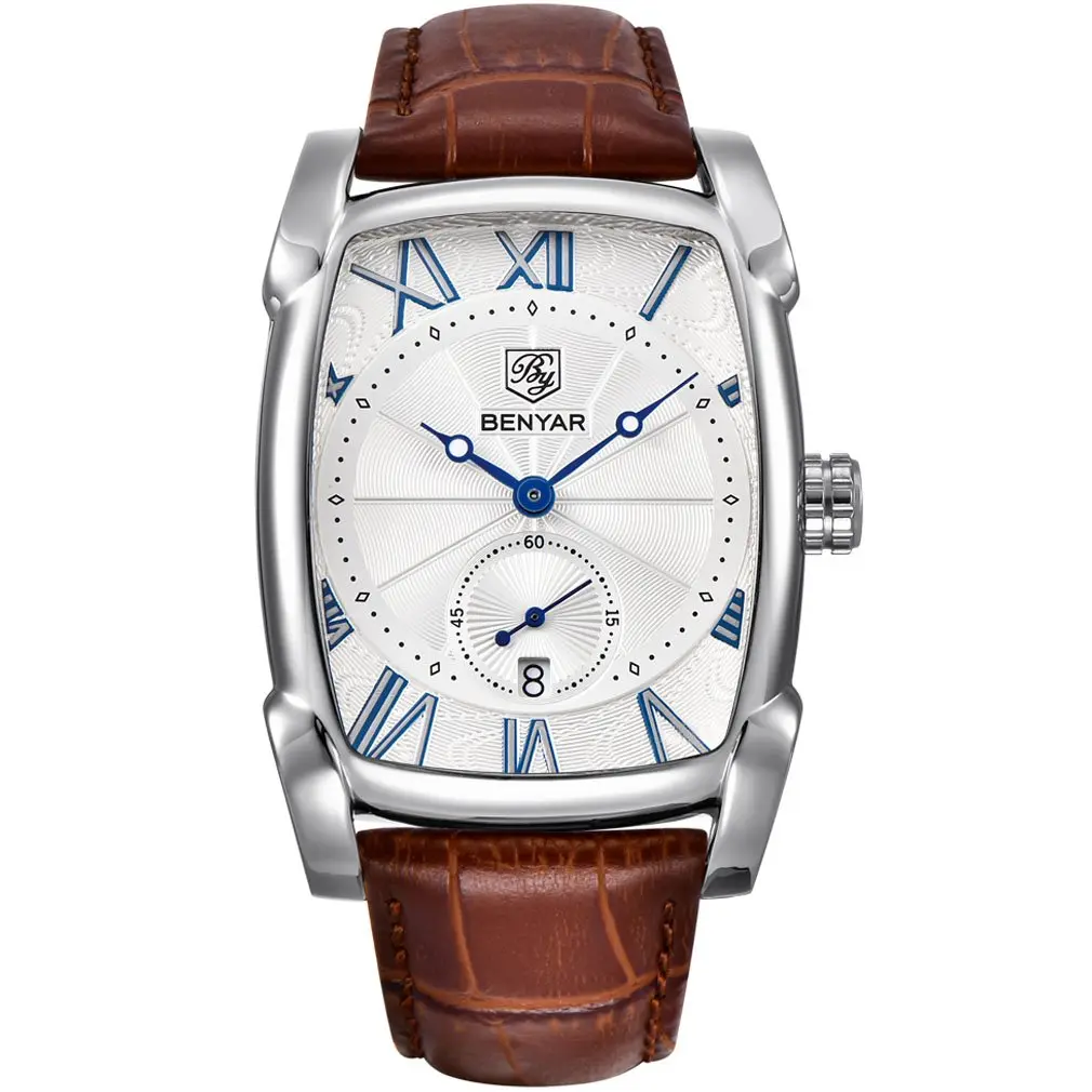 BENYAR Classic Rectangle Vintage Design Watch for Men | 44mm Case, Genuine Leather Strap, 30M Water Resistant - main product image