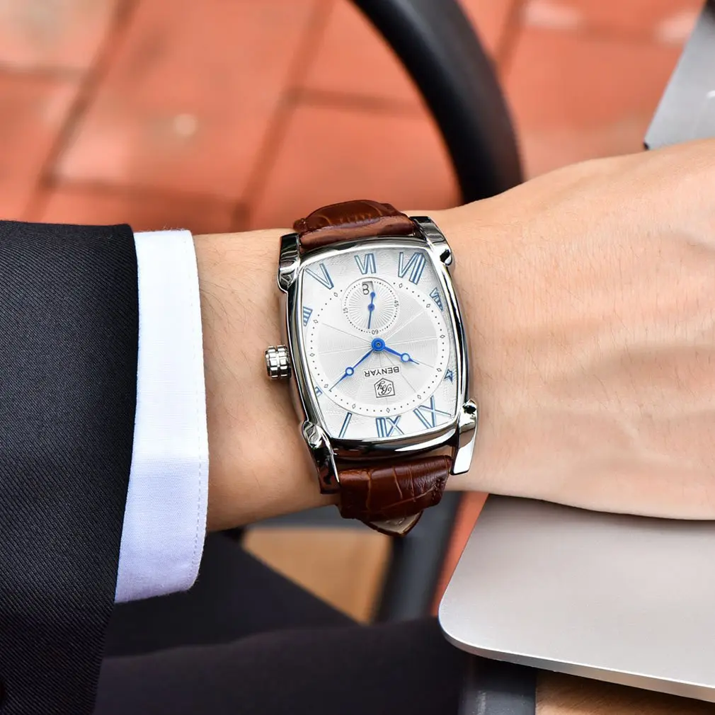 BENYAR Classic Rectangle Vintage Design Watch for Men | 44mm Case, Genuine Leather Strap, 30M Water Resistant - view 5