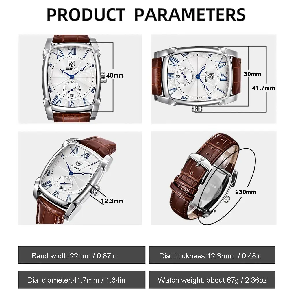 BENYAR Classic Rectangle Vintage Design Watch for Men | 44mm Case, Genuine Leather Strap, 30M Water Resistant - view 2