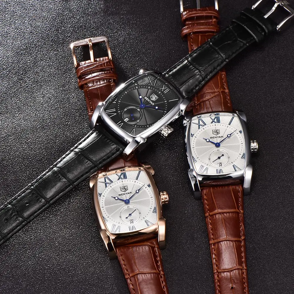 BENYAR Classic Rectangle Vintage Design Watch for Men | 44mm Case, Genuine Leather Strap, 30M Water Resistant - view 3