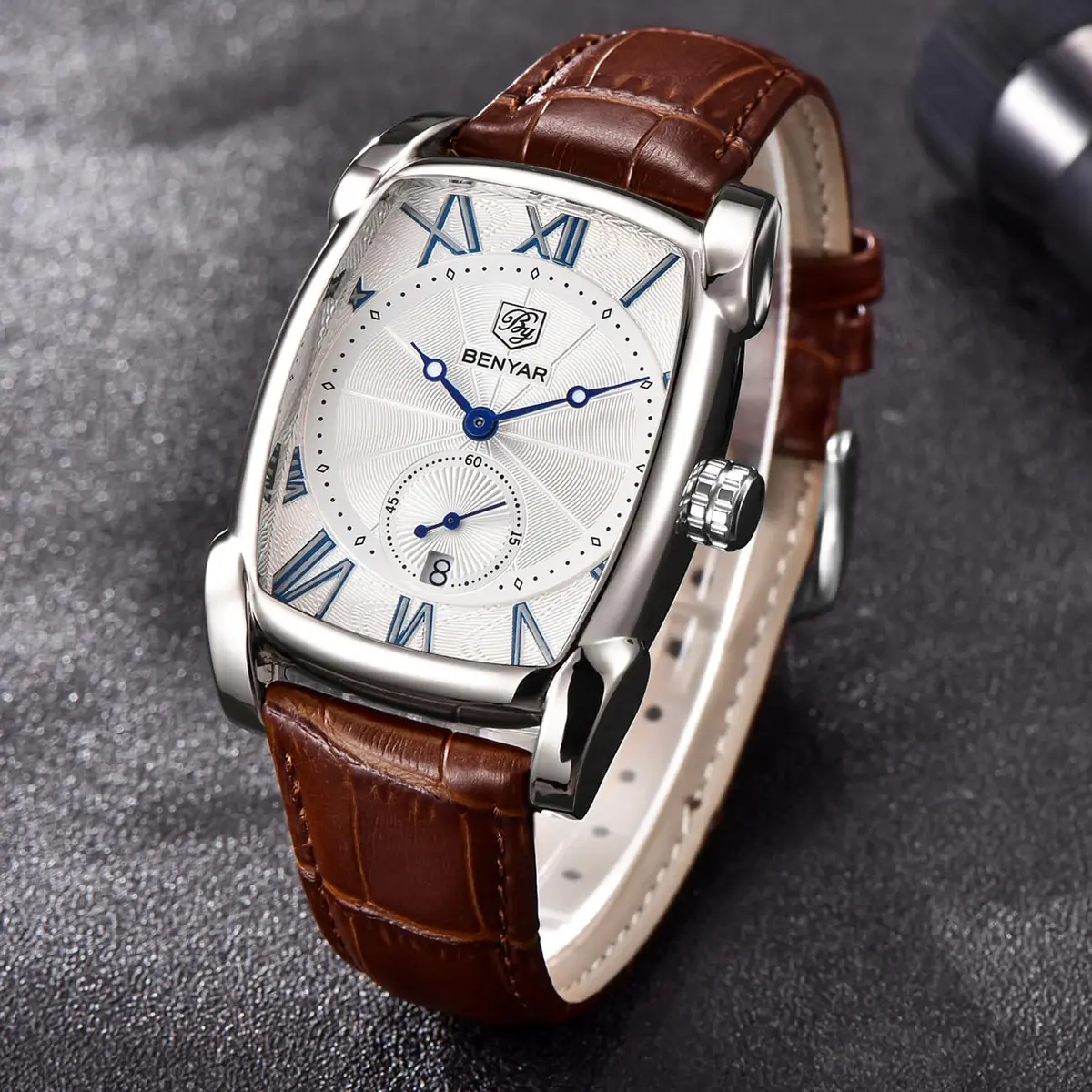 BENYAR Classic Rectangle Vintage Design Watch for Men | 44mm Case, Genuine Leather Strap, 30M Water Resistant - view 4