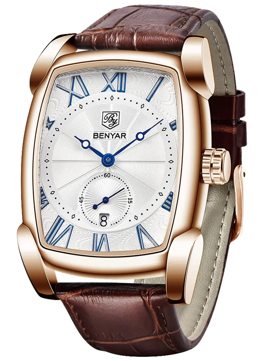 BENYAR Classic Rectangle Vintage Design Watch for Men | 44mm Case, Genuine Leather Strap, 30M Water Resistance - main product image
