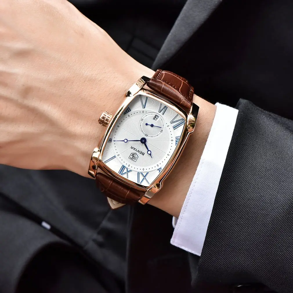 BENYAR Classic Rectangle Vintage Design Watch for Men | 44mm Case, Genuine Leather Strap, 30M Water Resistance - view 5