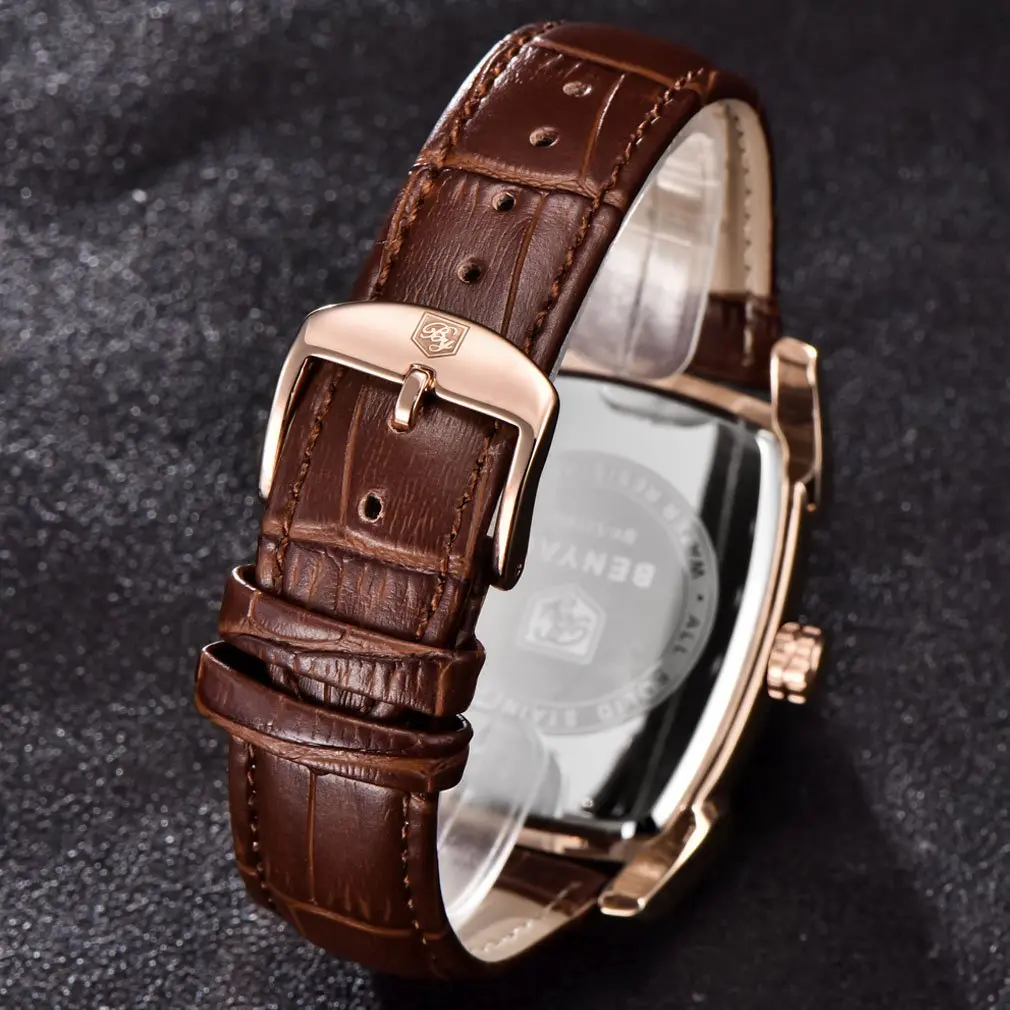 BENYAR Classic Rectangle Vintage Design Watch for Men | 44mm Case, Genuine Leather Strap, 30M Water Resistance - view 6