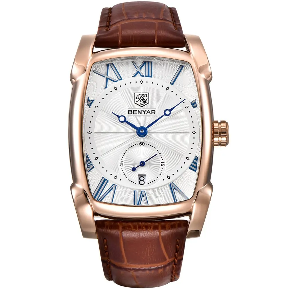 BENYAR Classic Rectangle Vintage Design Watch for Men | 44mm Case, Genuine Leather Strap, 30M Water Resistance - view 2