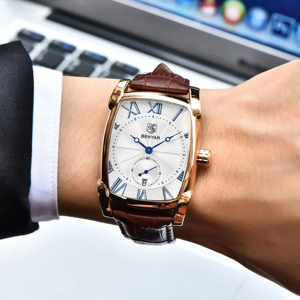 BENYAR Classic Rectangle Vintage Design Watch for Men | 44mm Case, Genuine Leather Strap, 30M Water Resistance - view 3