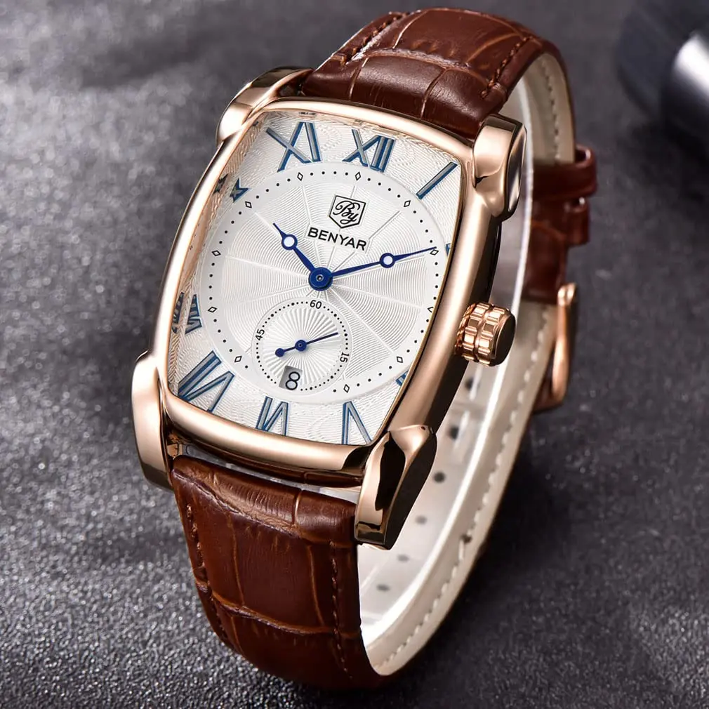 BENYAR Classic Rectangle Vintage Design Watch for Men | 44mm Case, Genuine Leather Strap, 30M Water Resistance - view 4