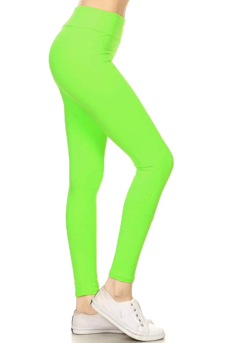 Leggings Depot Women's 3" Waistband Yoga High Waisted Solid Leggings Pants (Full Length, Neon Green, Plus Size) | High-Rise, Breathable & Comfortable - main product image