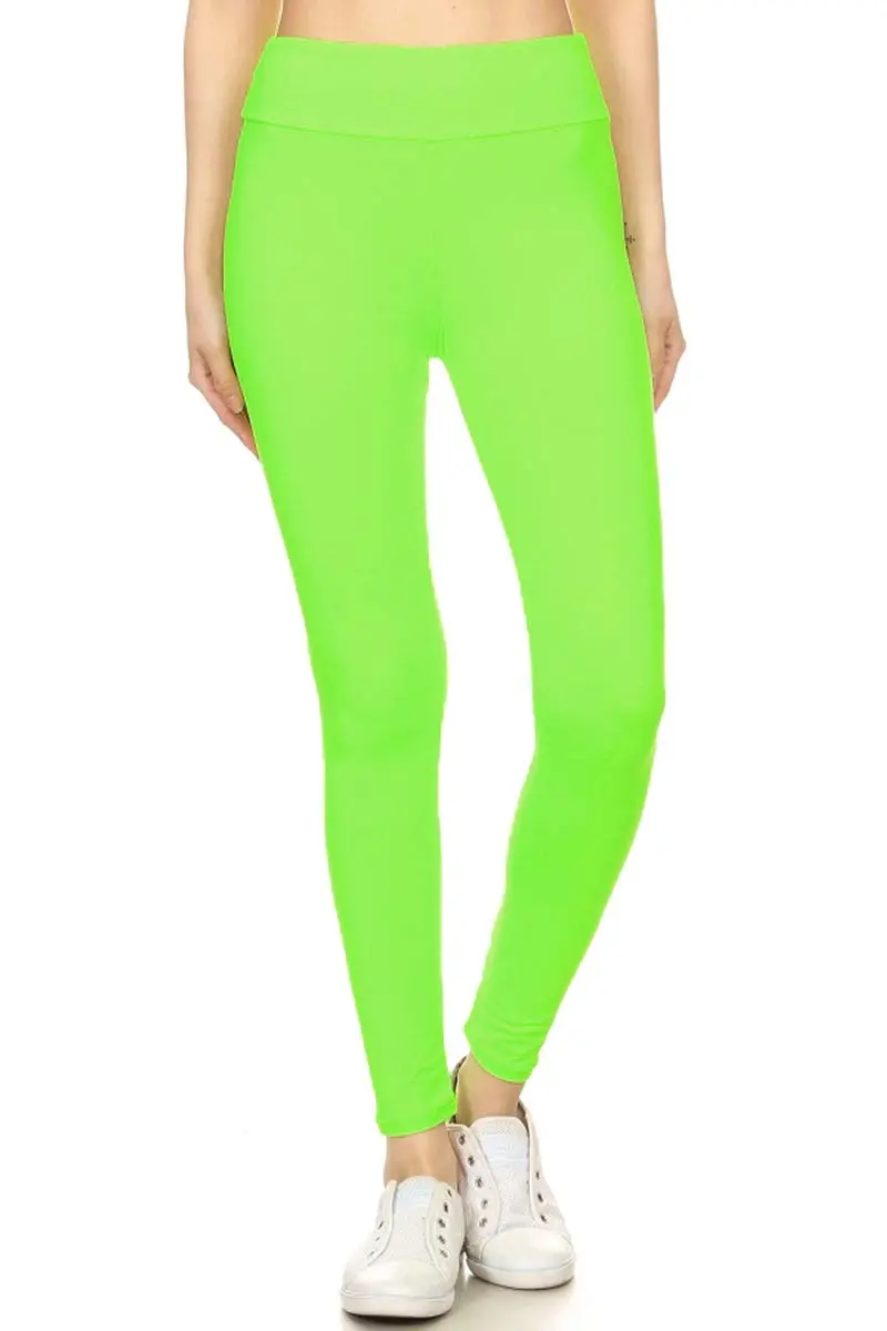 Leggings Depot Women's 3" Waistband Yoga High Waisted Solid Leggings Pants (Full Length, Neon Green, Plus Size) | High-Rise, Breathable & Comfortable - view 2