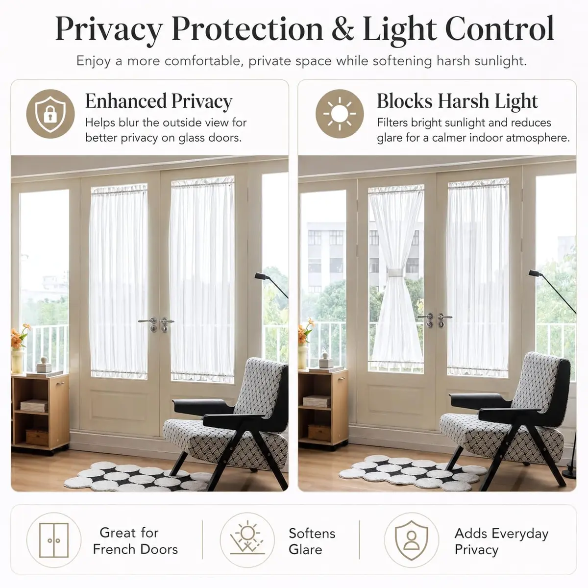 Aquazolax Sheer Door Curtains Light Filtering 25" x 40" | Elegant Privacy Sheer Voile Panel - view 3