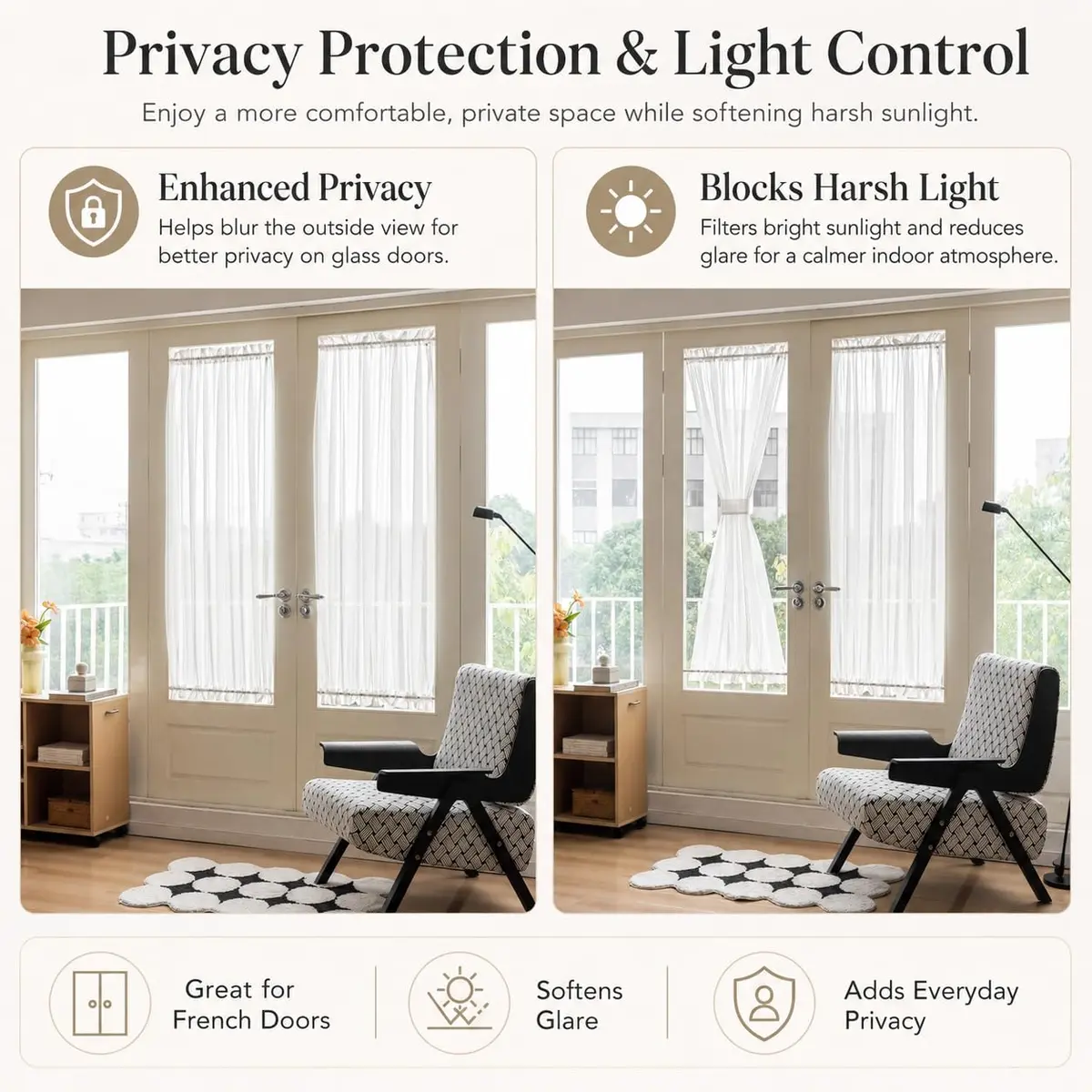 Aquazolax French Door Sheer Curtains Set of 2 | Light Filtering, Elegant & Durable (54x72 Inch) - view 3