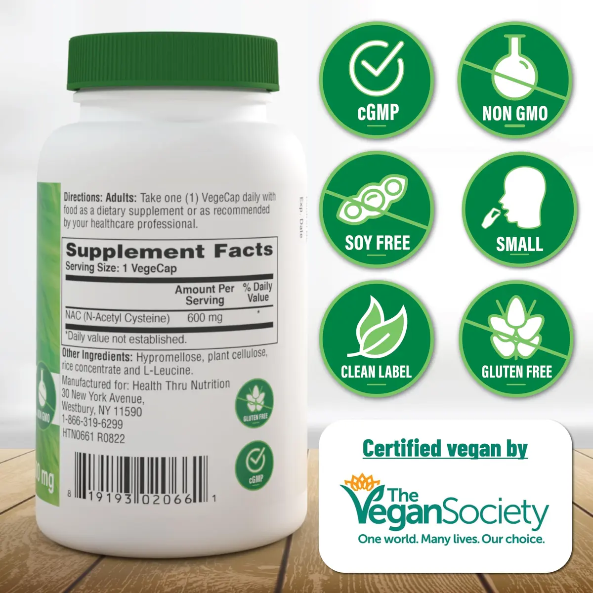Health Thru Nutrition NAC N-Acetyl-Cysteine 600mg | Vegan, Gluten & Soy Free, 60 Capsules - view 3