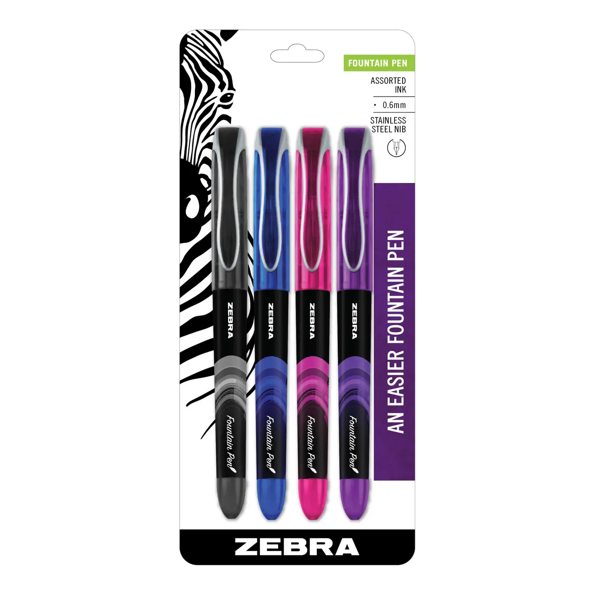 Zebra Pen Fountain Pen 4-Pack, 0.6mm Fine Point, Assorted Ink | Smooth Ink Flow for Students & Professionals - main product image