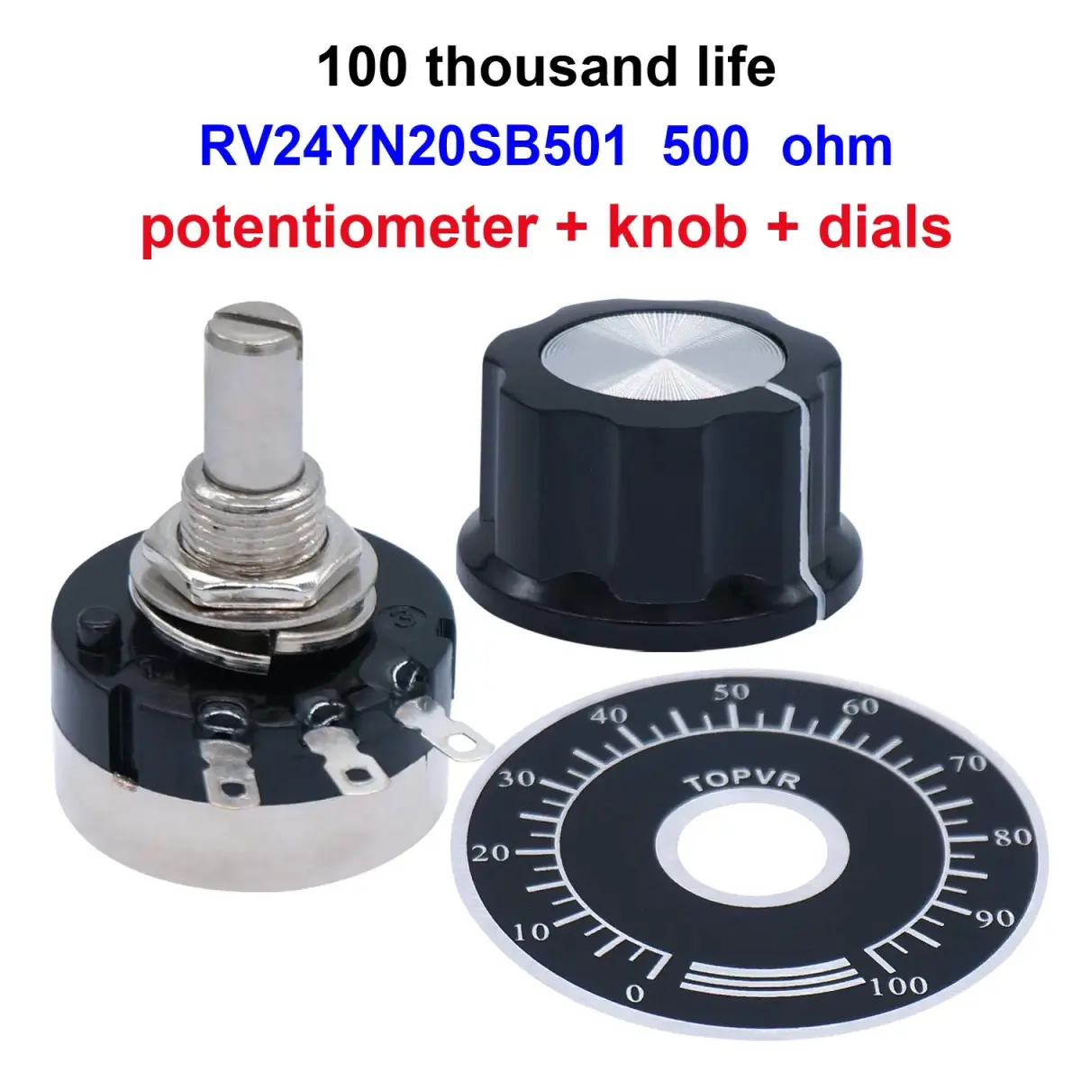 Taiss RV24YN20S Potentiometer 500 ohm Single Turn Carbon Film Rotary Taper Potentiometer with Knob and Dial (2-Pack, 6mm Shaft) - view 2