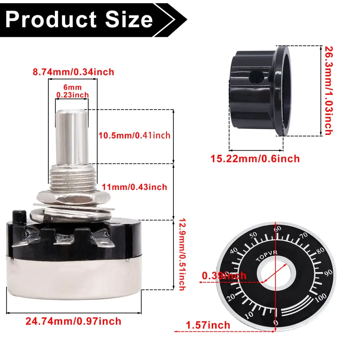 Taiss RV24YN20S Potentiometer 500 ohm Single Turn Carbon Film Rotary Taper Potentiometer with Knob and Dial (2-Pack, 6mm Shaft) - view 3
