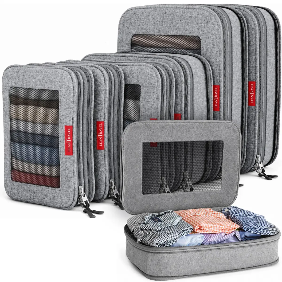LeanTravel Premium Compression Packing Cubes for Travel - Suitcase Organizer Bags with Double Zipper & Breathable Mesh Panel - Space Saving Carry On Luggage Essentials (6-Pack, Grey) - main product image