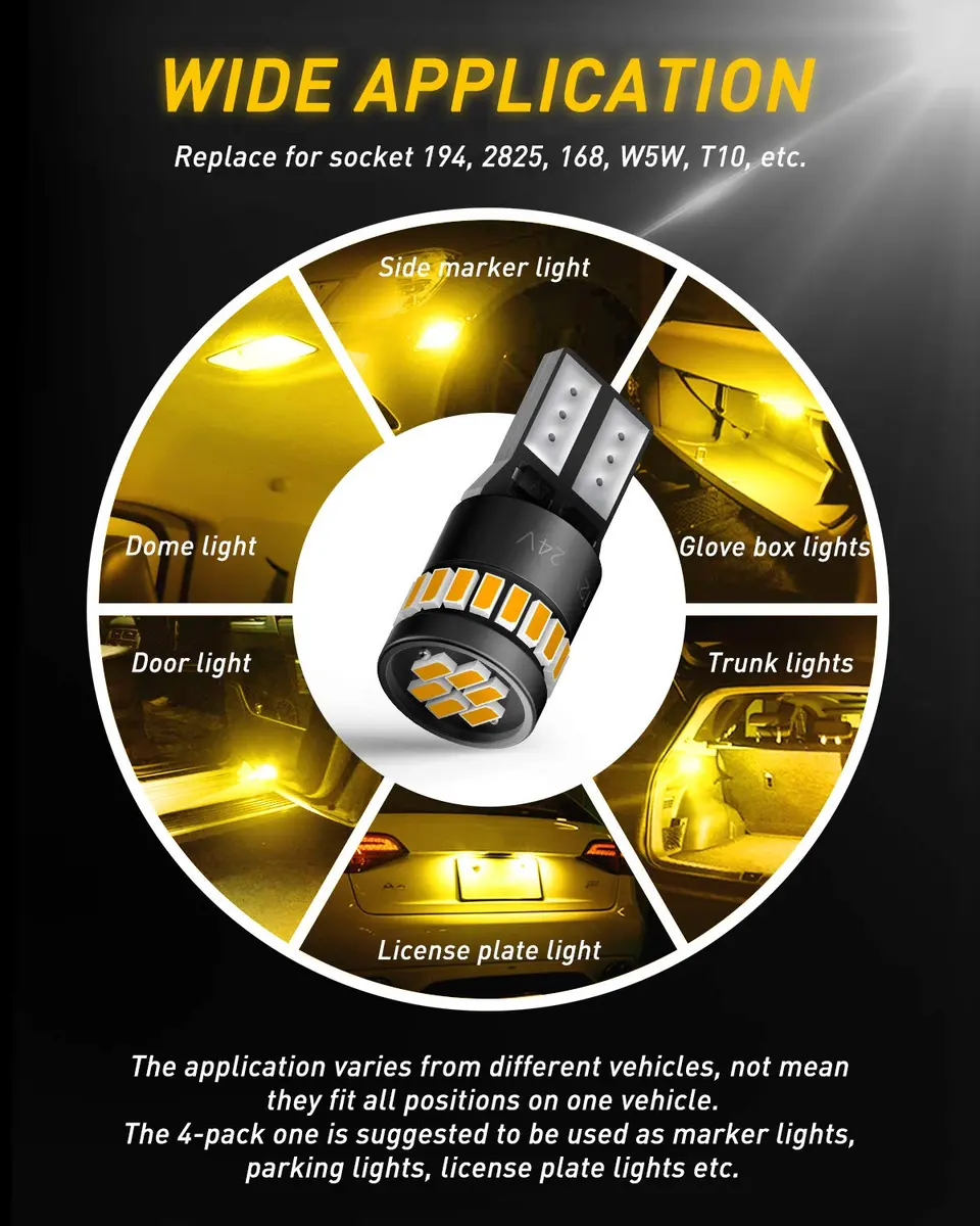AUXITO Amber Yellow T10 LED Bulb 194 168 W5W Error Free (Pack of 10) | 240LM Super Bright for Car Marker Lights - view 5