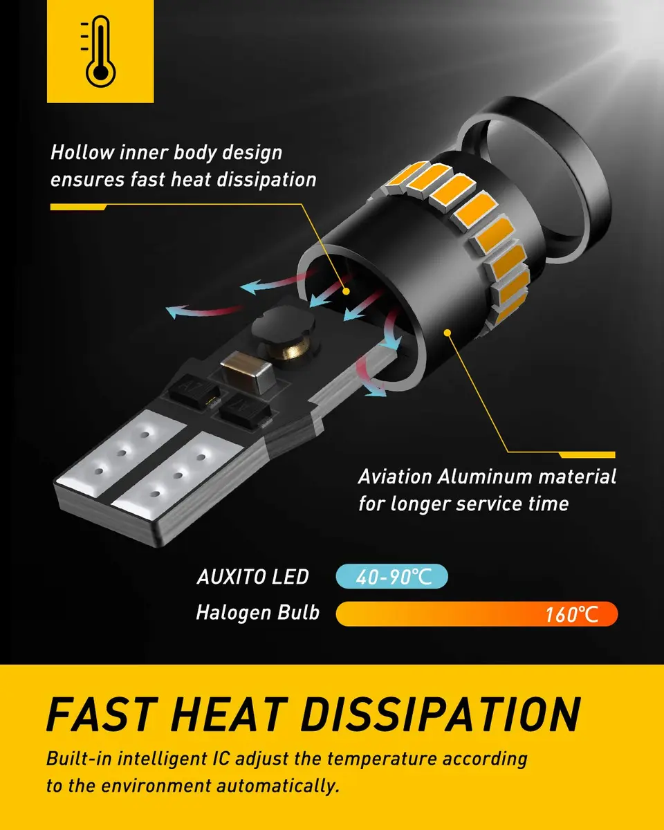 AUXITO Amber Yellow T10 LED Bulb 194 168 W5W Error Free (Pack of 10) | 240LM Super Bright for Car Marker Lights - view 6
