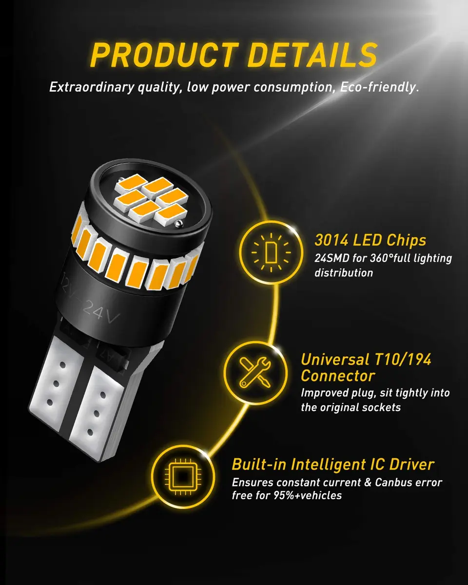 AUXITO Amber Yellow T10 LED Bulb 194 168 W5W Error Free (Pack of 10) | 240LM Super Bright for Car Marker Lights - view 2