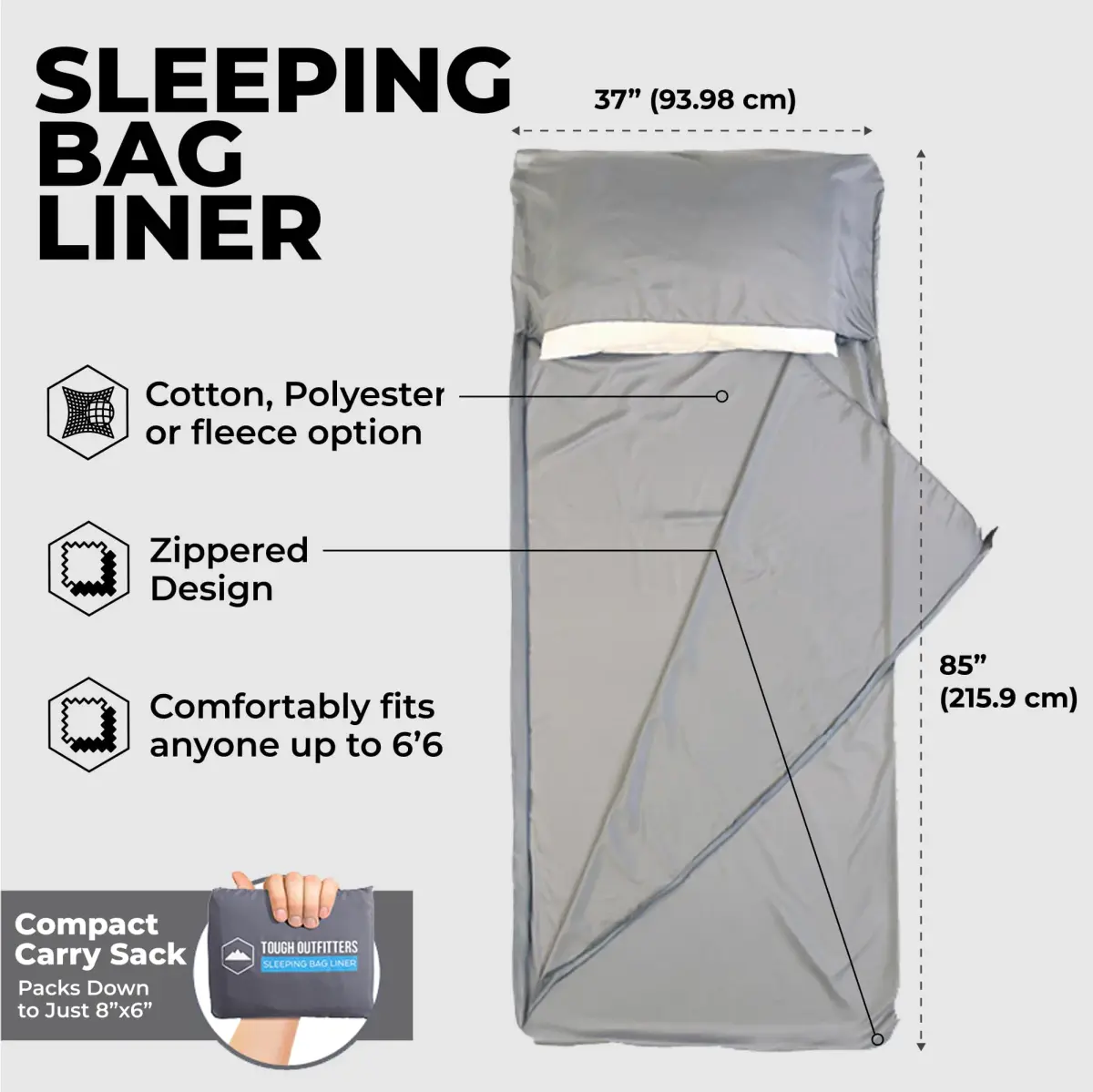 Tough Outdoors Ultralight Sleeping Bag Liner - Rectangular Travel Sheet - 219cm (85") - Gray - view 3