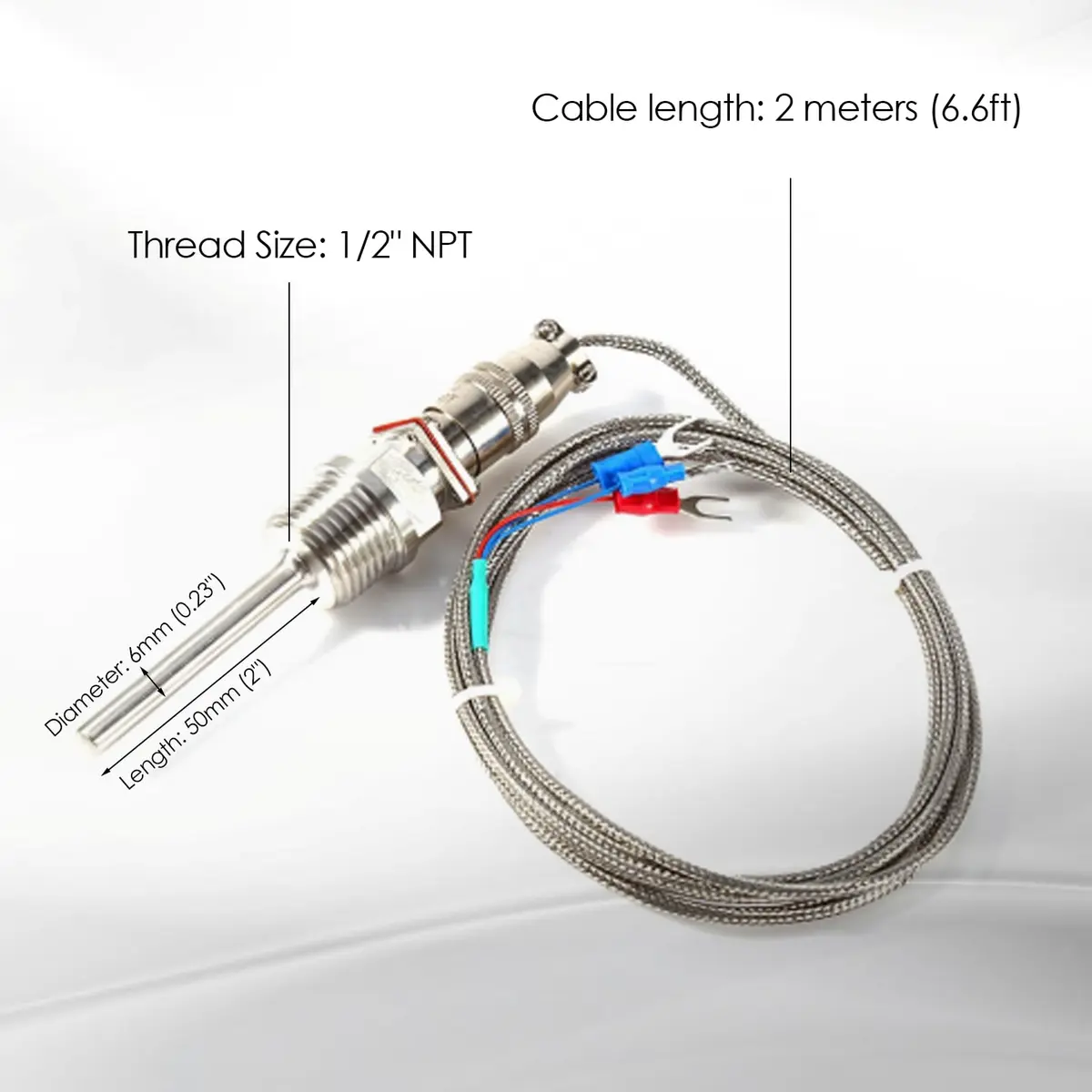 Walfront RTD PT100 Temperature Sensor Probe 1/2" NPT Thread Stainless Steel 3 Wire 2M/6.6ft Cable -50 to 300℃ - view 6