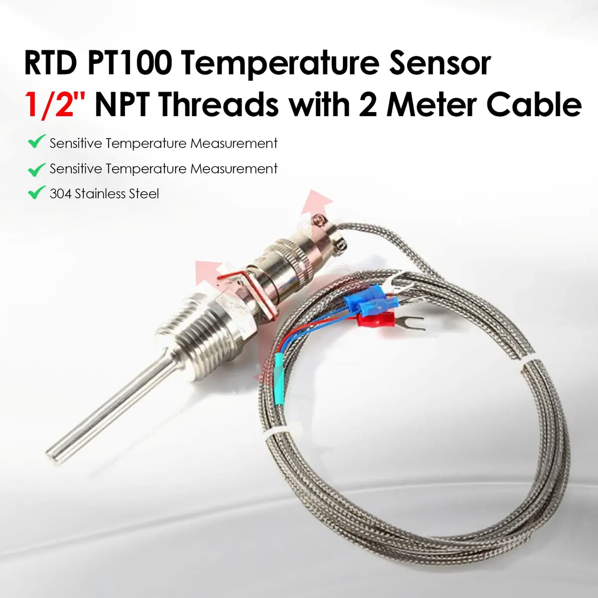Walfront RTD PT100 Temperature Sensor Probe 1/2" NPT Thread Stainless Steel 3 Wire 2M/6.6ft Cable -50 to 300℃ - view 3