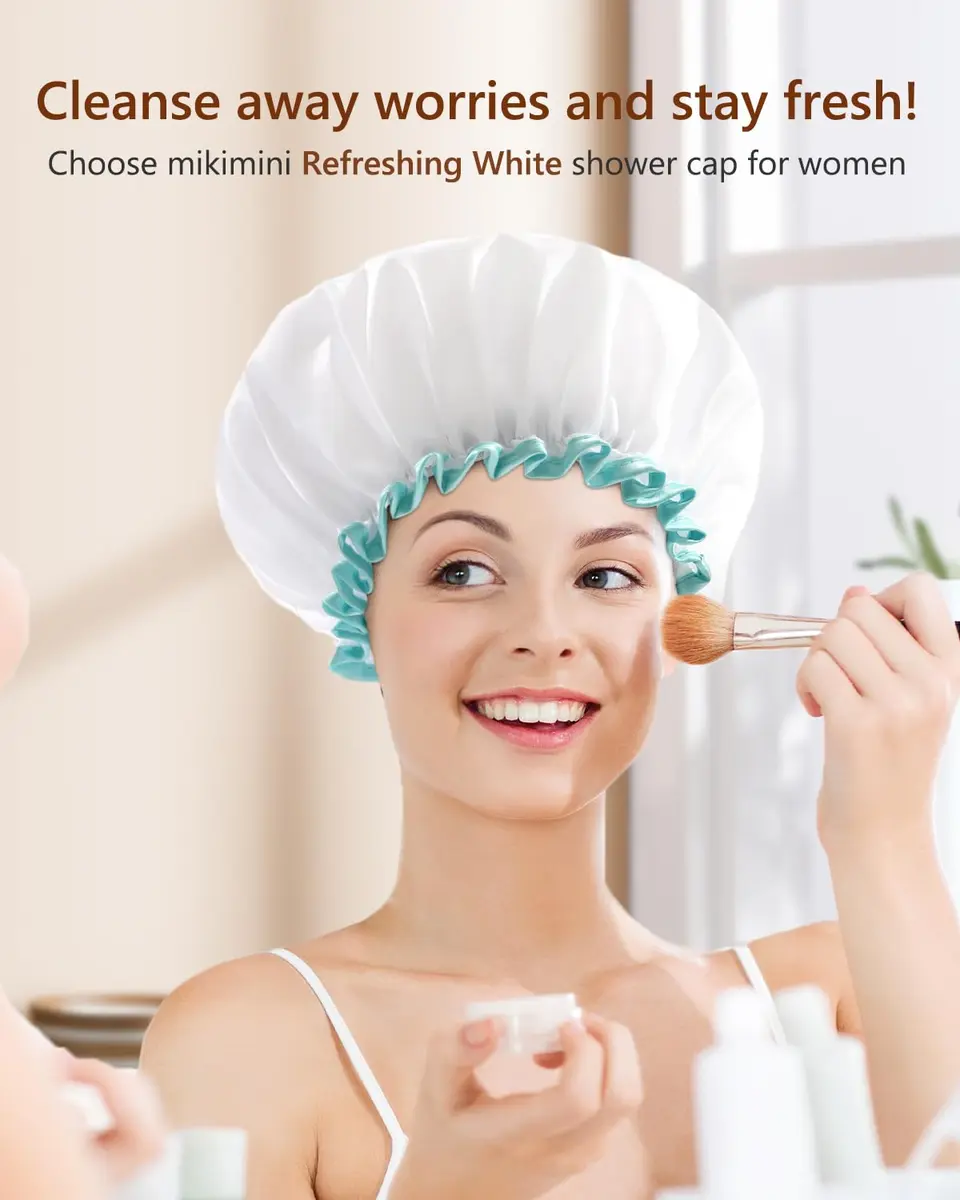 mikimini Reusable Shower Cap for Women and Girls, Waterproof, Washable, Cute White, 17cm (6.7in) x 12cm (4.7in) - view 8