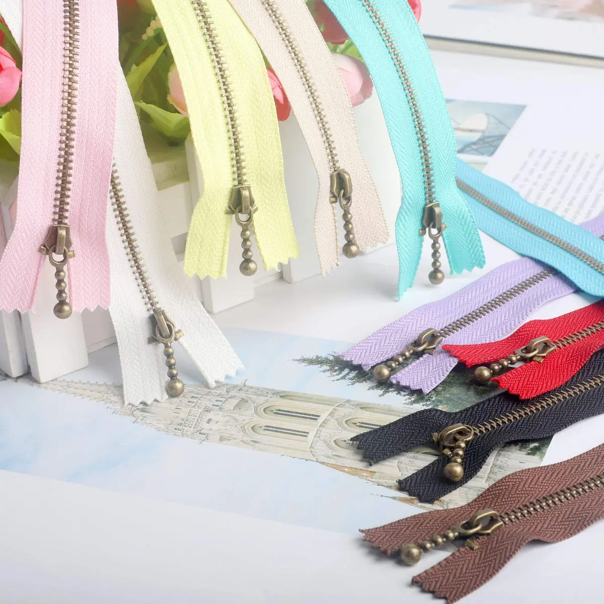 BEAULEGAN Metal Zippers 10 Pcs - #3 Antique Brass Close-end 7.9 Inch (20 cm), White | Heavy Duty Metal Zippers for Bags & Crafts - view 7