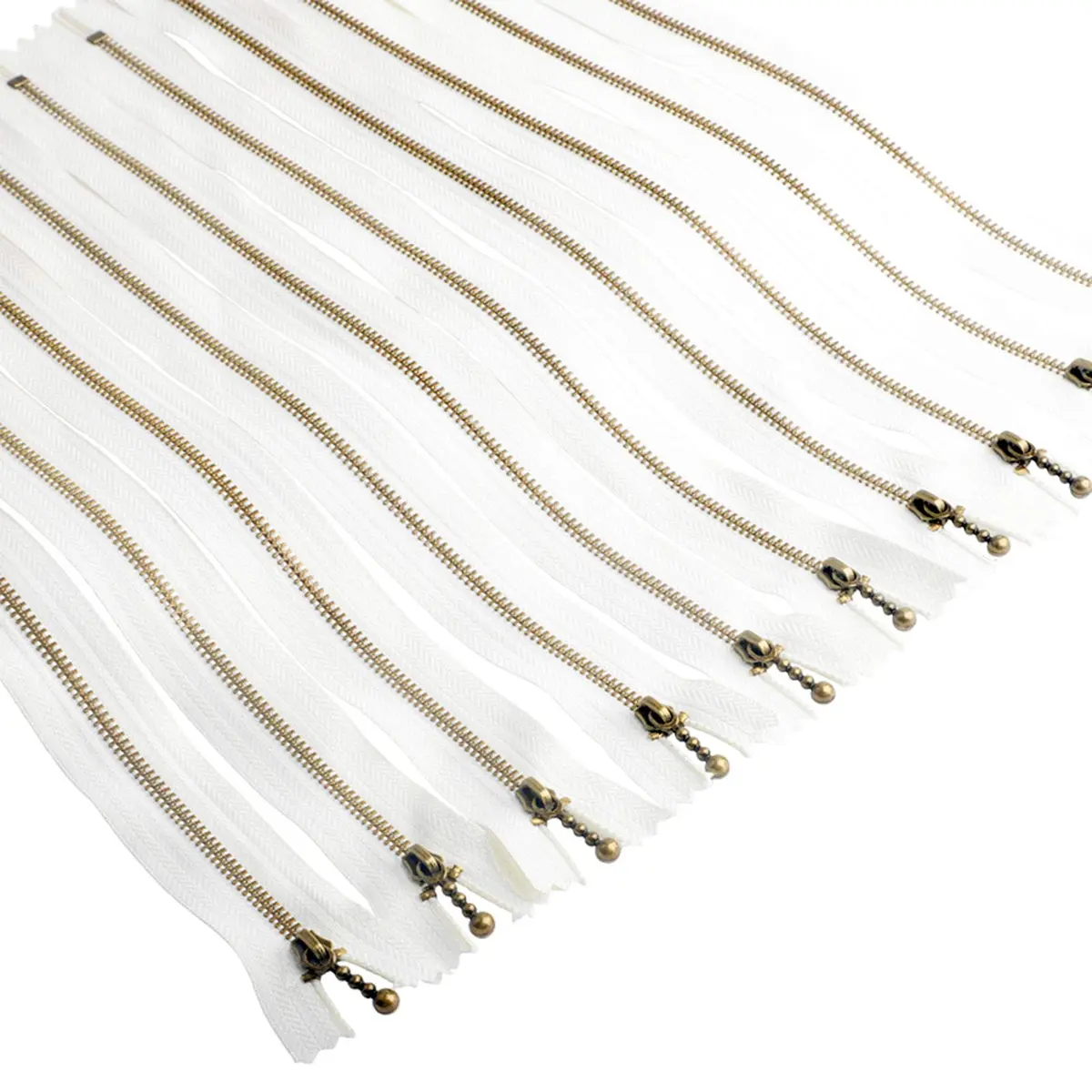 BEAULEGAN Metal Zipper Set 8 Pcs - #3 Antique Brass Close-end 12 Inch (30 cm), White | Heavy Duty Bag Zippers - main product image