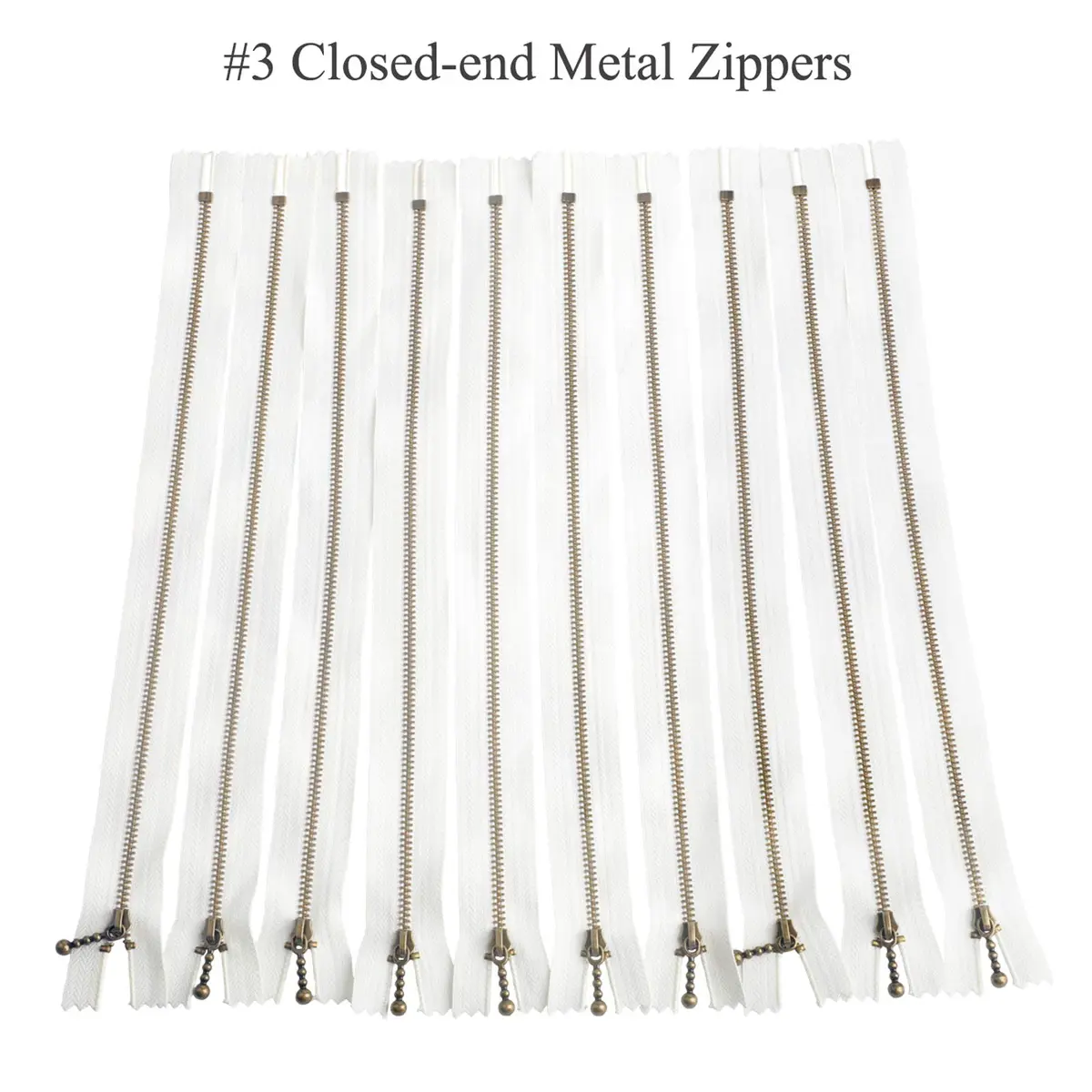 BEAULEGAN Metal Zipper Set 8 Pcs - #3 Antique Brass Close-end 12 Inch (30 cm), White | Heavy Duty Bag Zippers - view 2