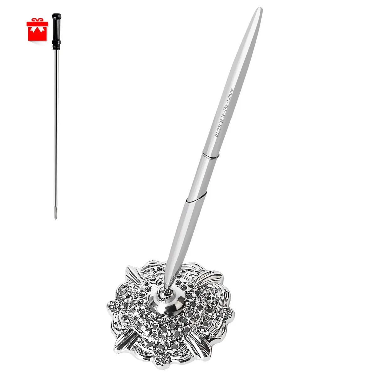 RUTICH Silver Hollow Round Pen Holder Signing Pen Set for Wedding Bridal Engagement Valentine's Day Favors | Elegant & Rotatable - main product image