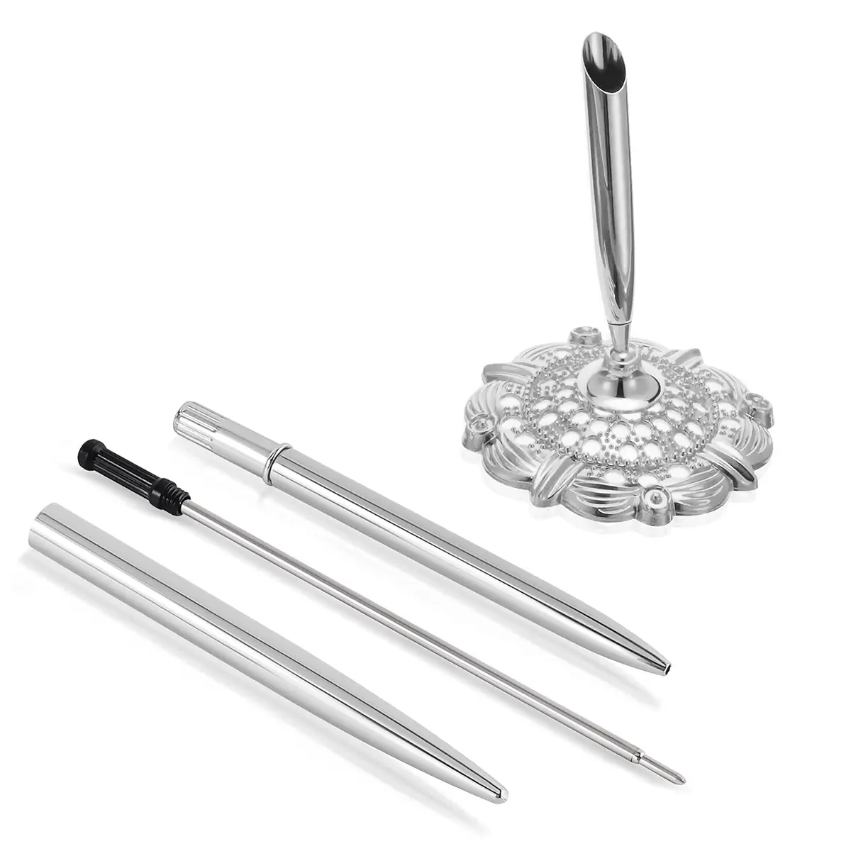 RUTICH Silver Hollow Round Pen Holder Signing Pen Set for Wedding Bridal Engagement Valentine's Day Favors | Elegant & Rotatable - view 5