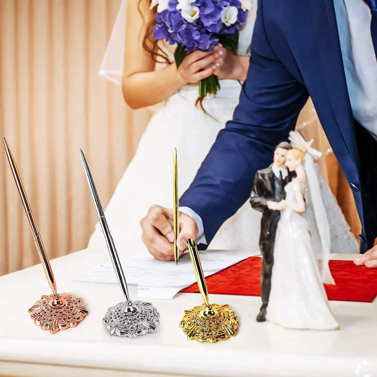 RUTICH Silver Hollow Round Pen Holder Signing Pen Set for Wedding Bridal Engagement Valentine's Day Favors | Elegant & Rotatable - view 6