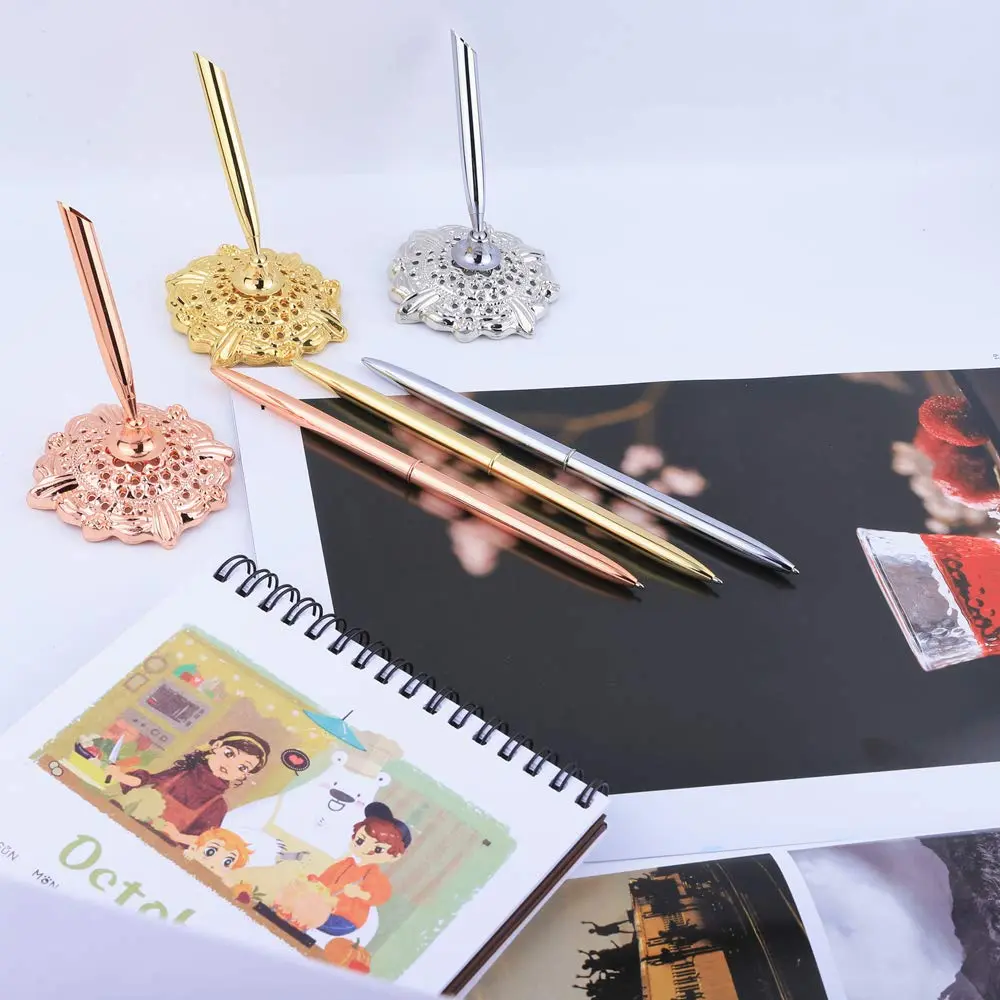 RUTICH Silver Hollow Round Pen Holder Signing Pen Set for Wedding Bridal Engagement Valentine's Day Favors | Elegant & Rotatable - view 7