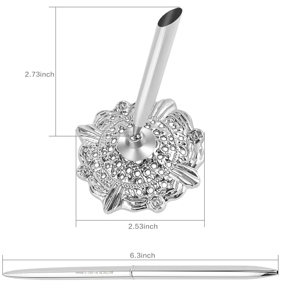 RUTICH Silver Hollow Round Pen Holder Signing Pen Set for Wedding Bridal Engagement Valentine's Day Favors | Elegant & Rotatable - view 2