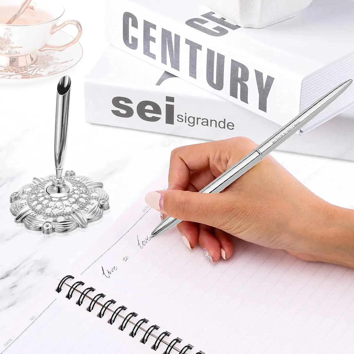 RUTICH Silver Hollow Round Pen Holder Signing Pen Set for Wedding Bridal Engagement Valentine's Day Favors | Elegant & Rotatable - view 3