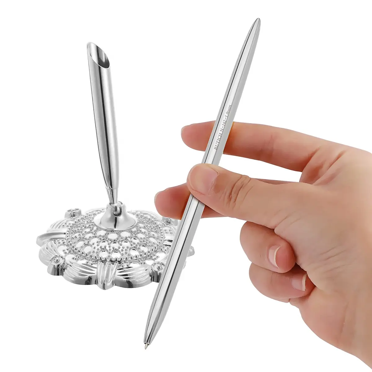 RUTICH Silver Hollow Round Pen Holder Signing Pen Set for Wedding Bridal Engagement Valentine's Day Favors | Elegant & Rotatable - view 4