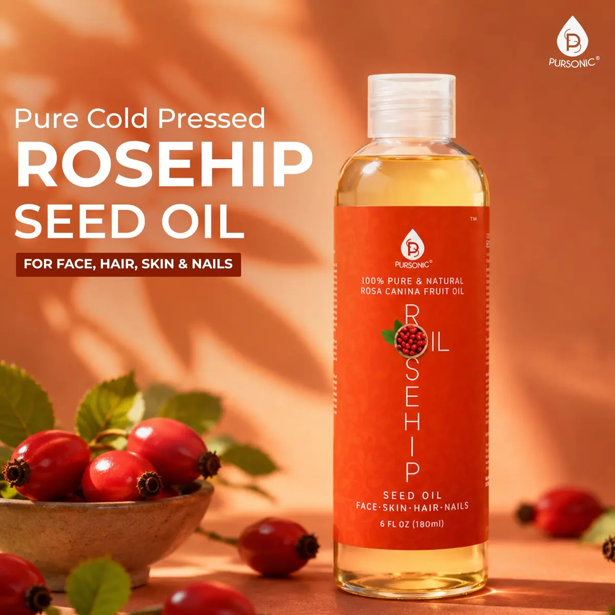 Pursonic Rosehip Seed Oil 6 Fl Oz | Hydrating & Brightening for Dry, Sensitive Skin - view 2