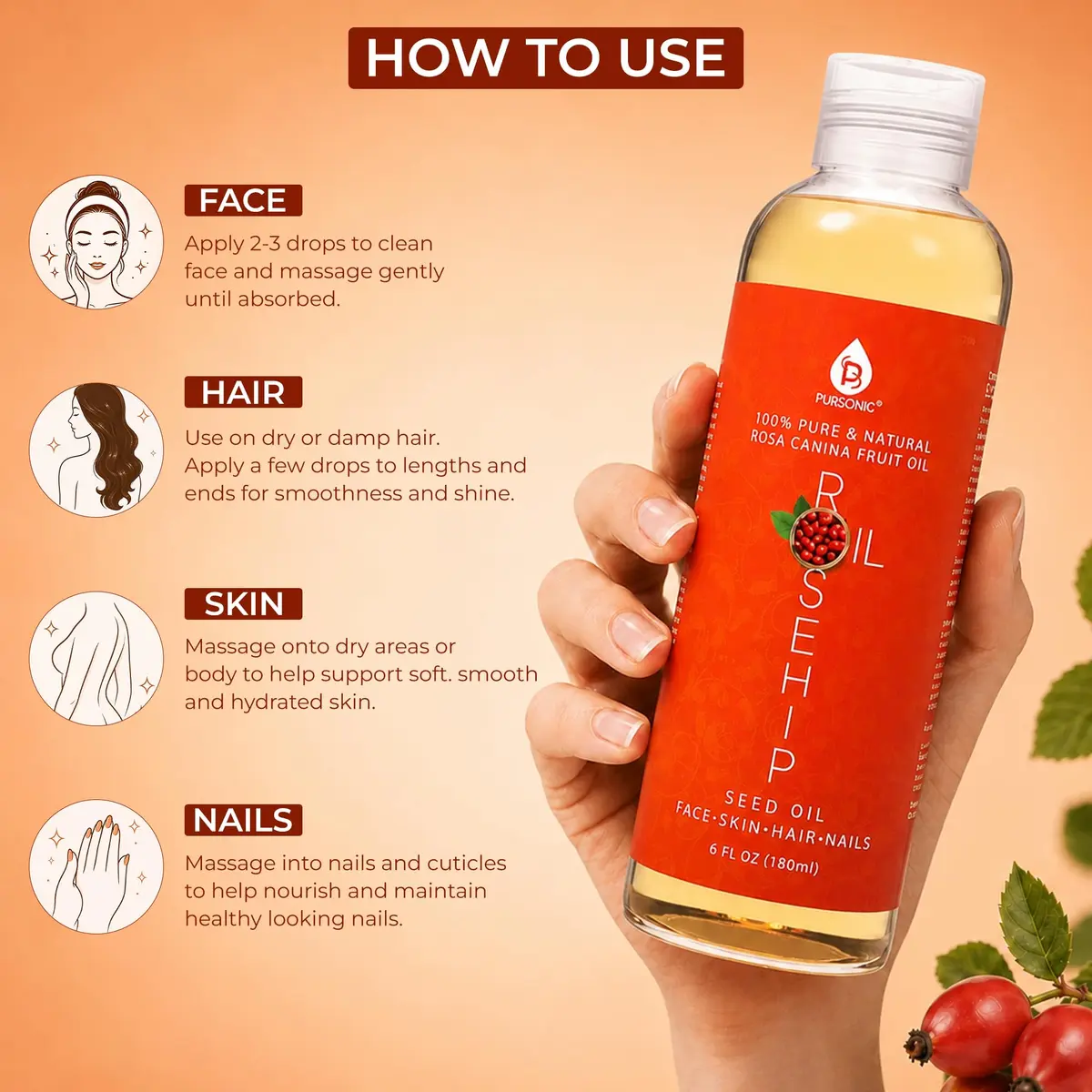 Pursonic Rosehip Seed Oil 6 Fl Oz | Hydrating & Brightening for Dry, Sensitive Skin - view 4